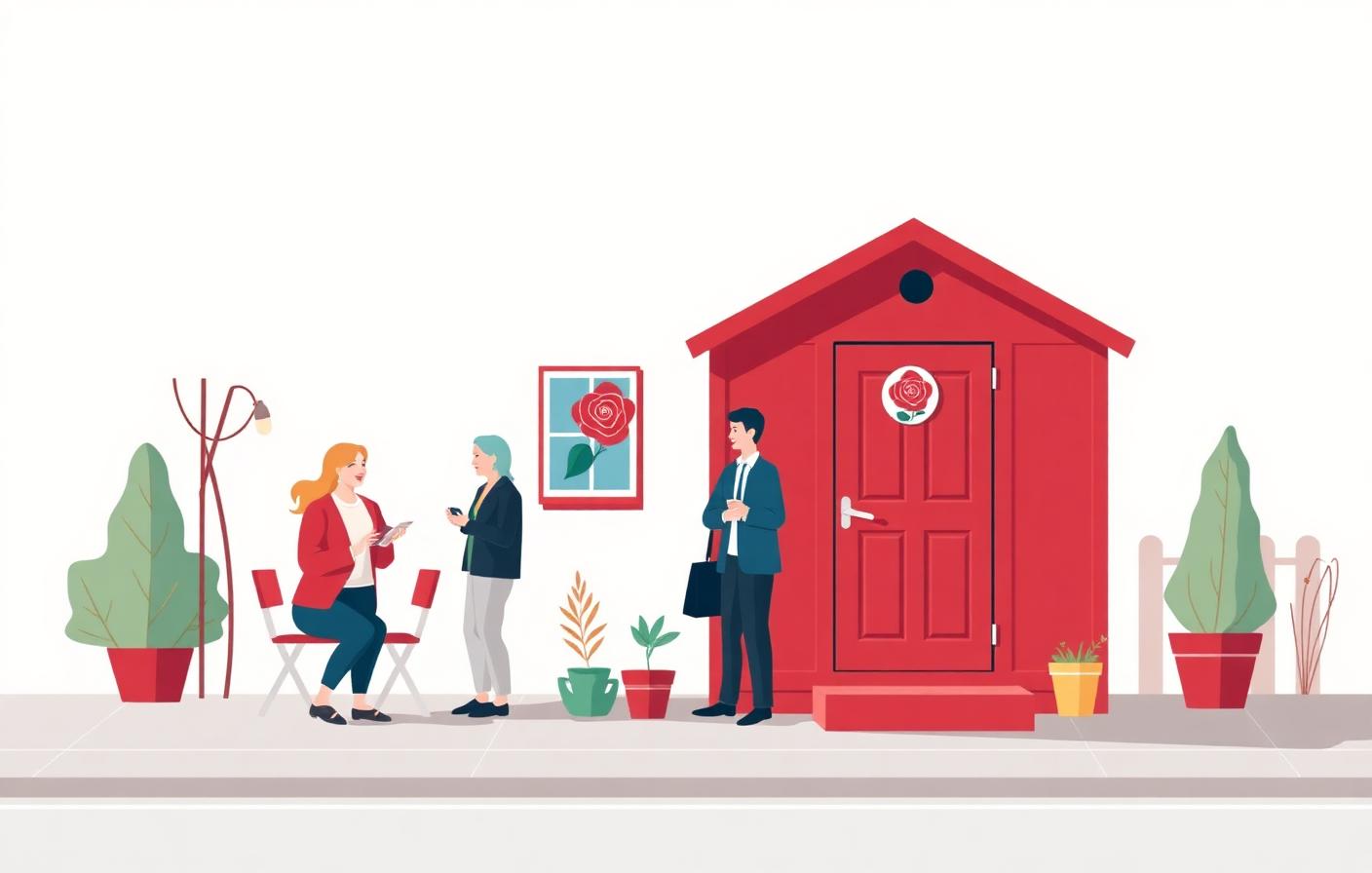 Illustration av en röd valstuga med medlemmar som samtalar utanför